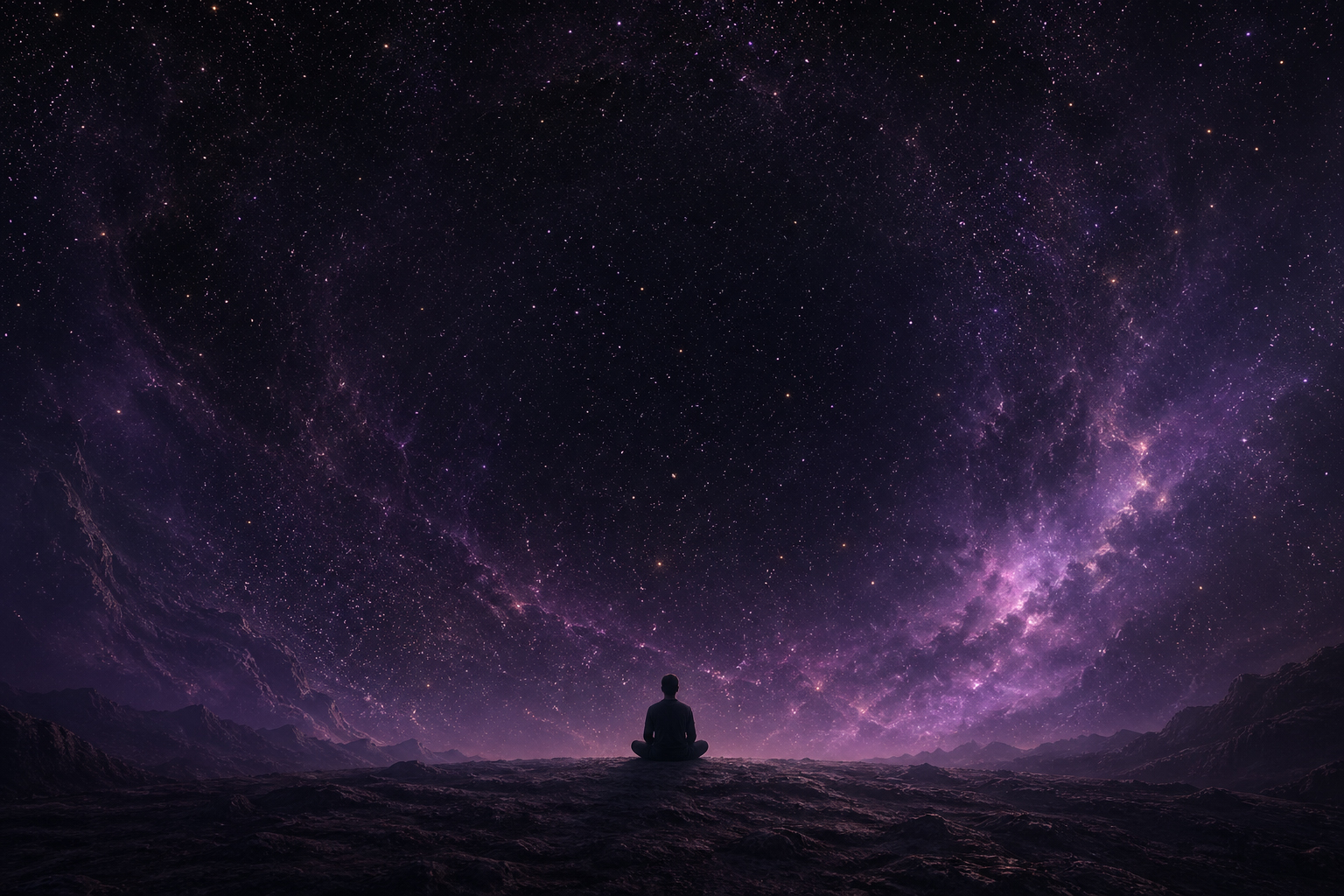 Vista contemplativa de uma noite estrelada profunda em tons de violeta e dourado. Representa o conceito de Akasha, o espaço primordial de consciência, base da meditação védica praticada na Escola Yantra Yoga Brasília.