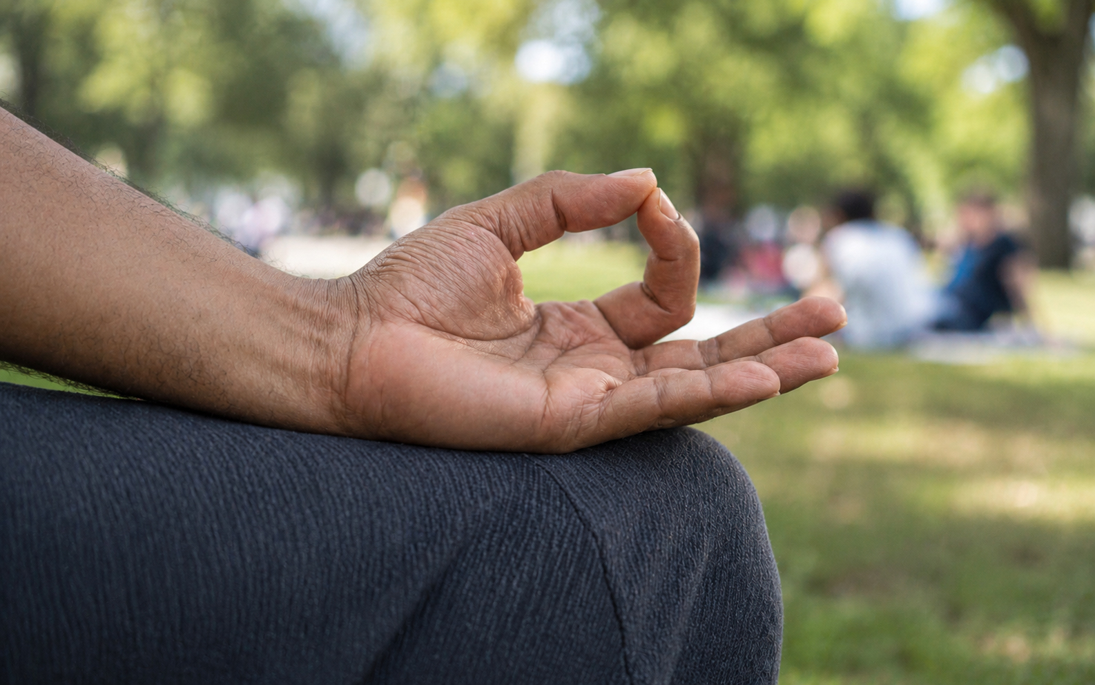 Mão em mudra contemplativo recebendo luz dourada lateral, ambiente em penumbra. Representa a meditação guiada e práticas contemplativas da tradição védica oferecidas no Akasha.