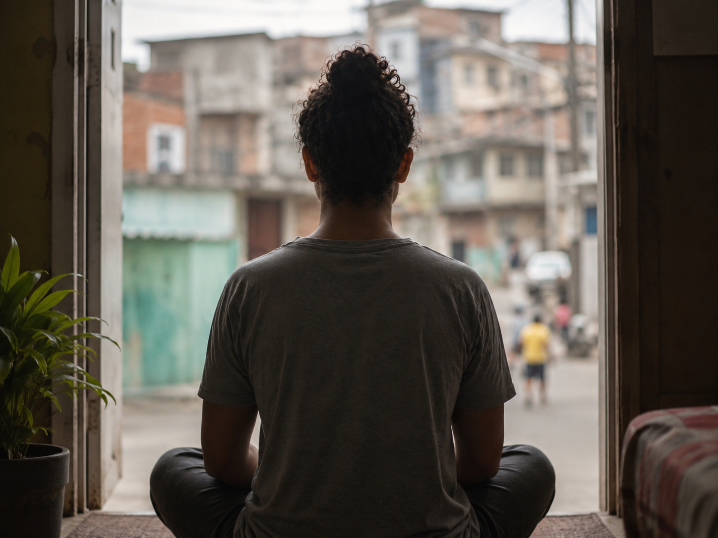Silhueta de costas em respiração profunda contra fundo escuro com ponto de luz dourada. Representa o trabalho somático com corpo e respiração como parte do método terapêutico Akasha.