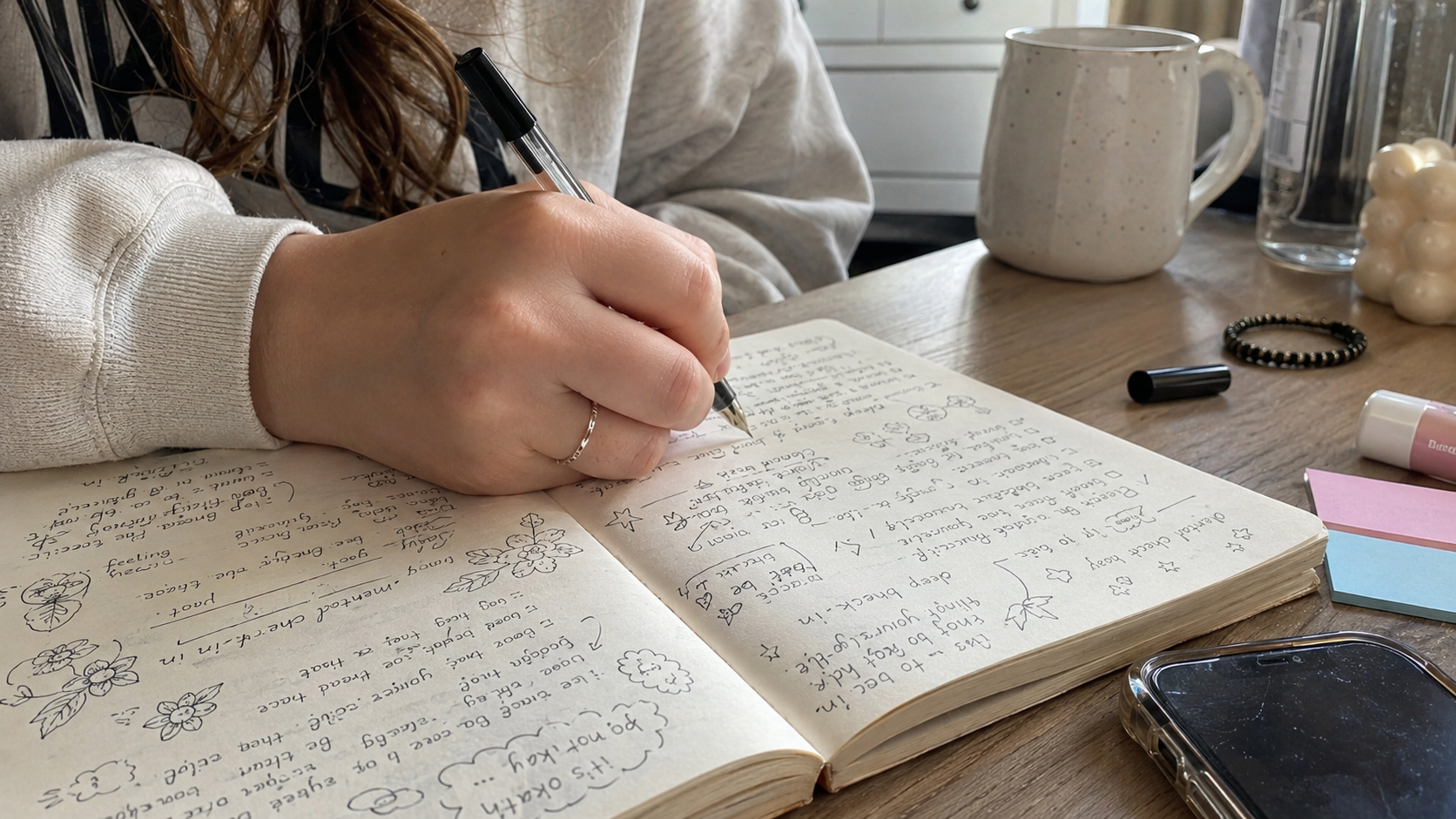 Mão segurando caneta sobre caderno aberto, sob luz natural difusa, sobre superfície de madeira escura. Representa a expressão pela escrita e arte como ferramenta terapêutica dentro do processo Akasha.