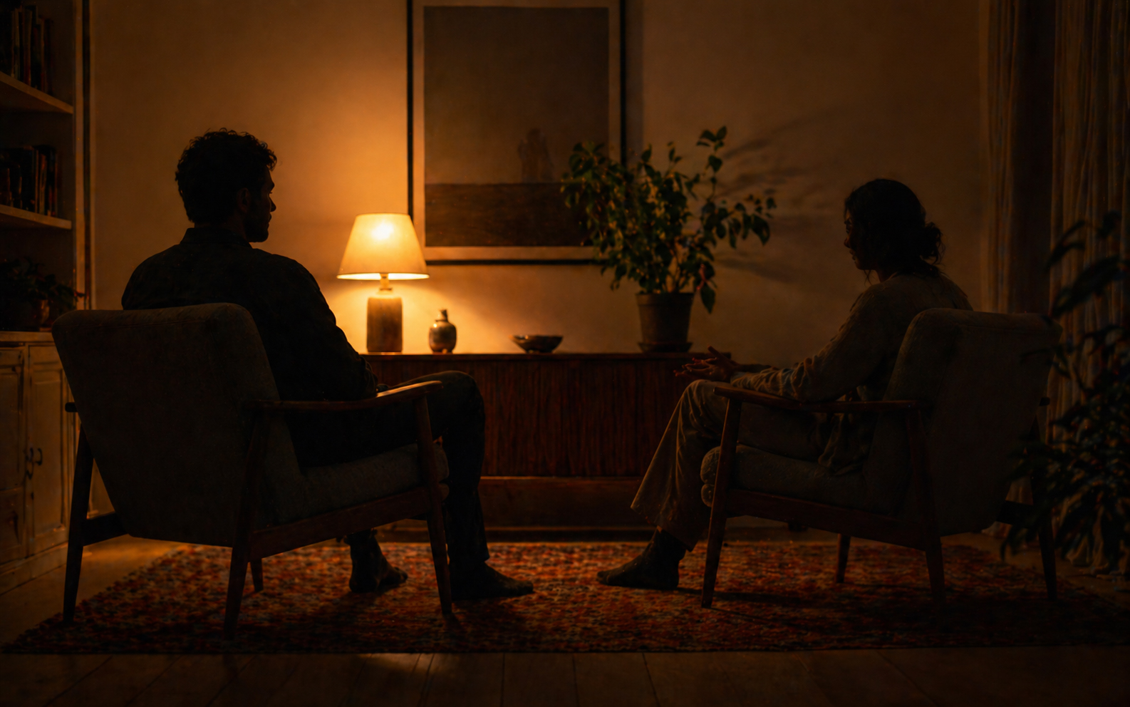 Duas pessoas sentadas em conversa silenciosa em ambiente íntimo iluminado por luz quente, vistas de longe. Representa o diálogo terapêutico que sustenta o trabalho de meditação como terapia entre as sessões.